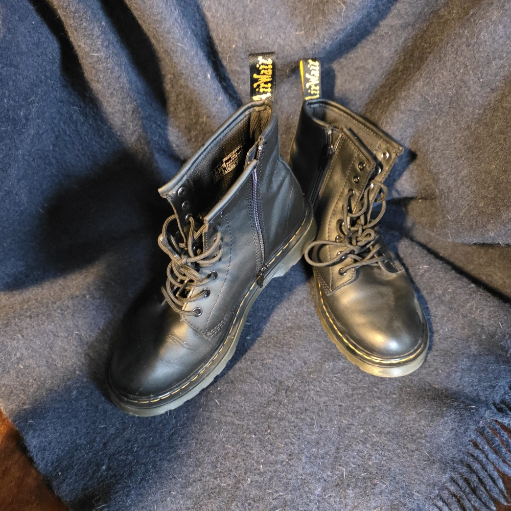 Dr. Martens Black Leather Boots with Yellow Welt Stitching